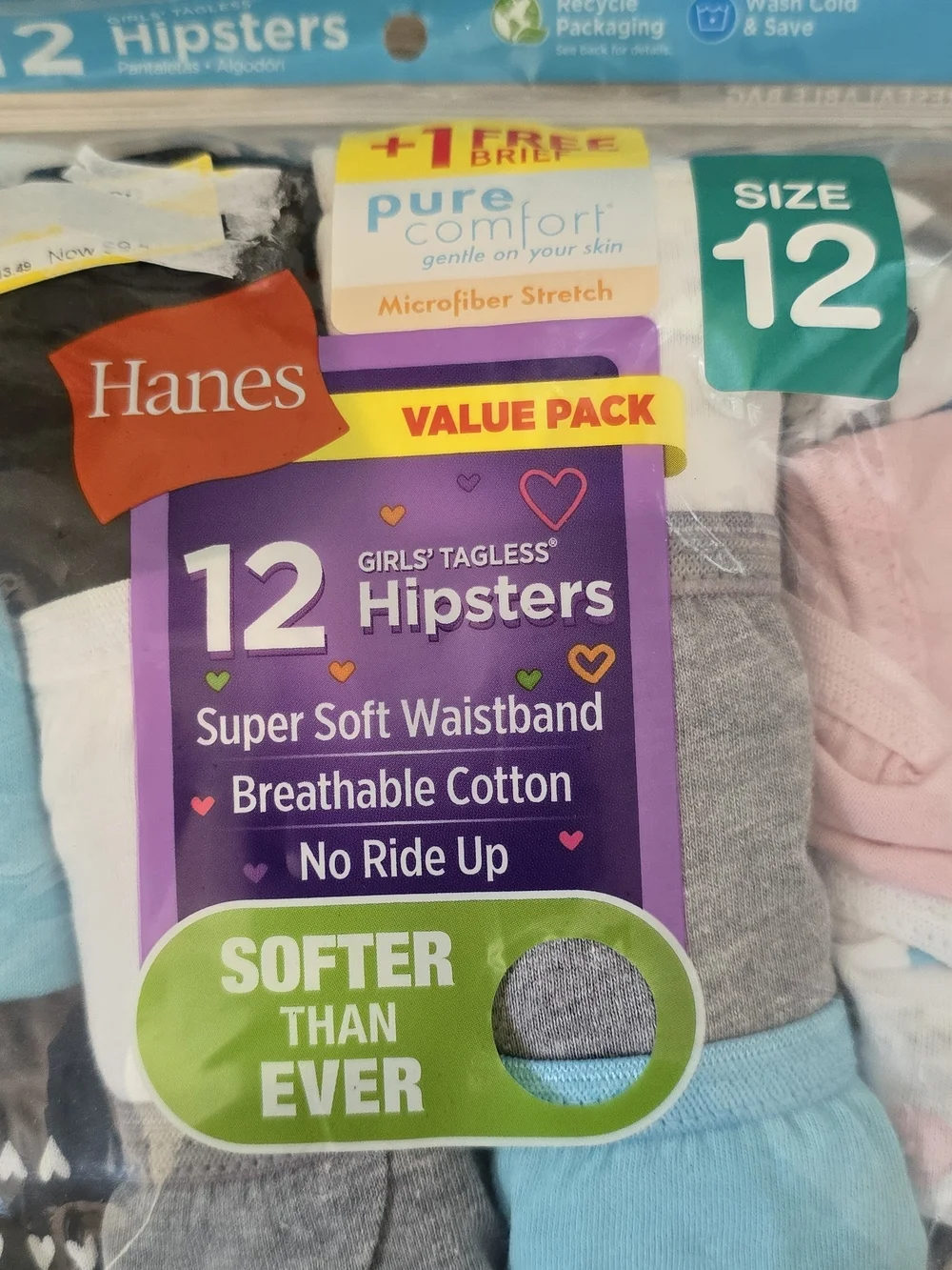 Hanes Girls Hipsters Pack with Light Blue, Gray, Pink, White, Black